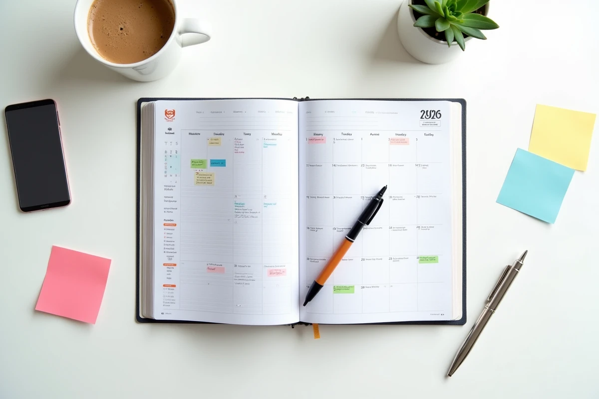 Agenda 2026 annoté avec post-its pour les vacances scolaires et jours fériés vus de dessus