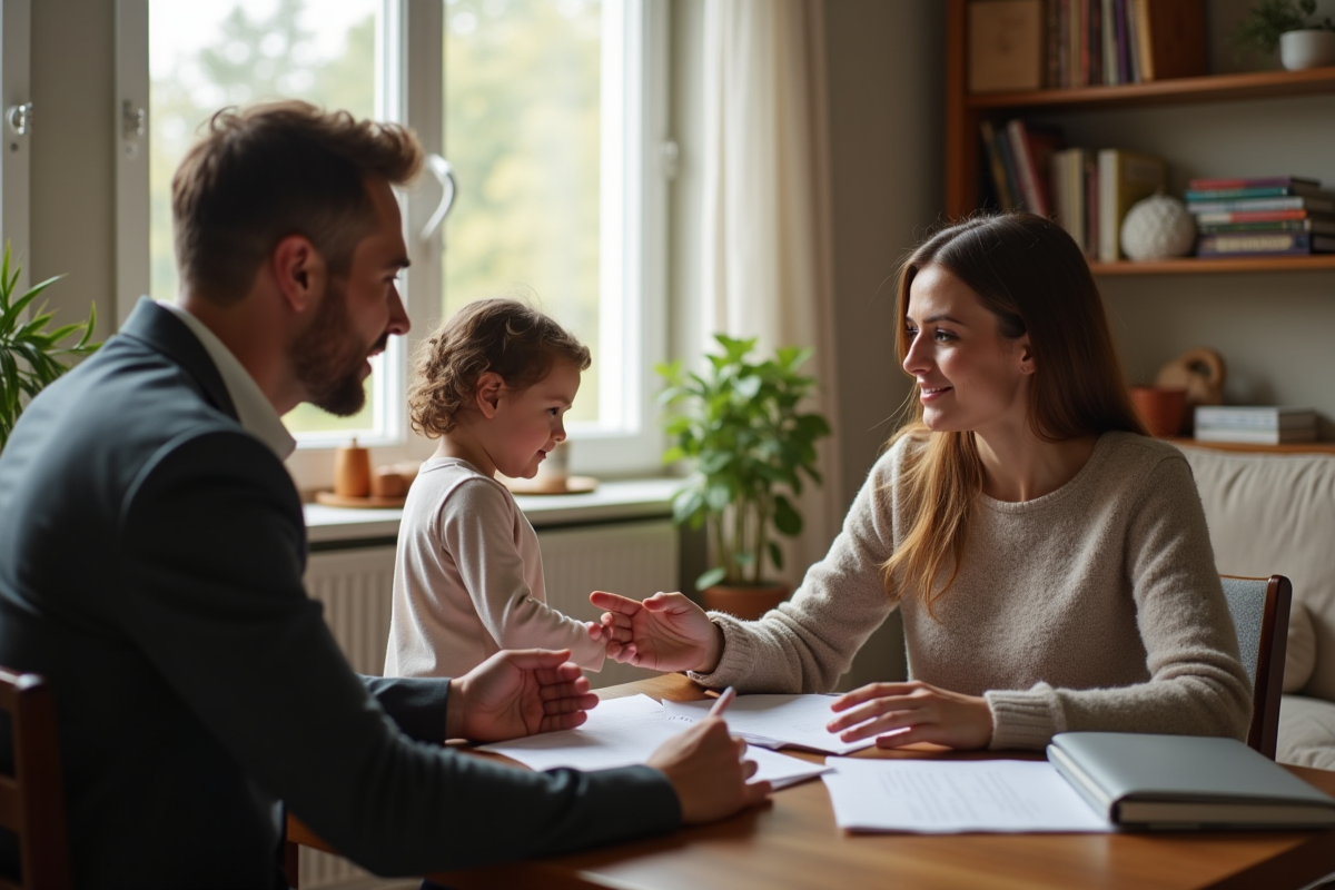 Travailleur social rencontrant une famille dans un salon chaleureux