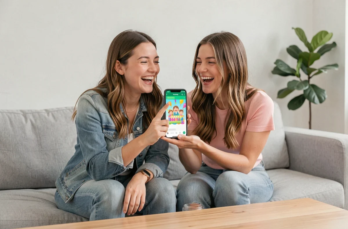 Deux amies partageant une carte animée d'anniversaire gratuite via WhatsApp sur un canapé dans un salon moderne