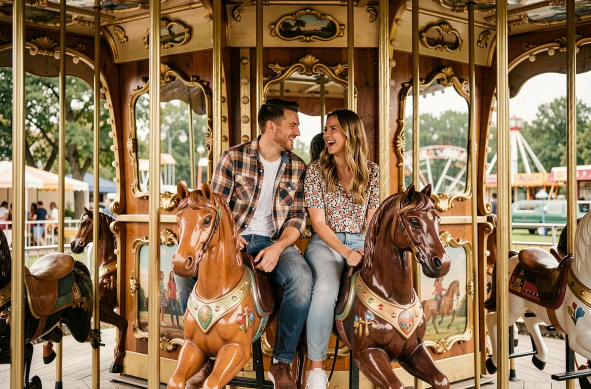 Deux amis riant sur un manège carrousel dans un parc d'attractions proche de Lyon