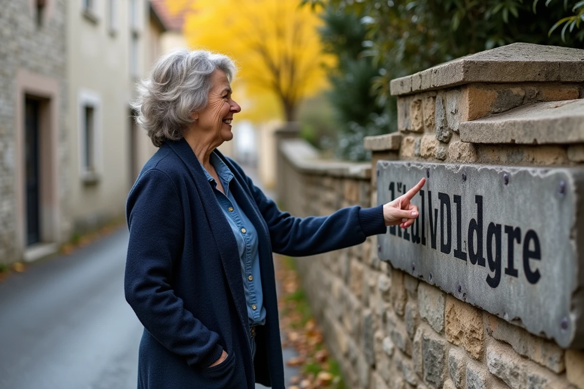 Femme désignant un ancien panneau de nom de commune sur une rue de village en France