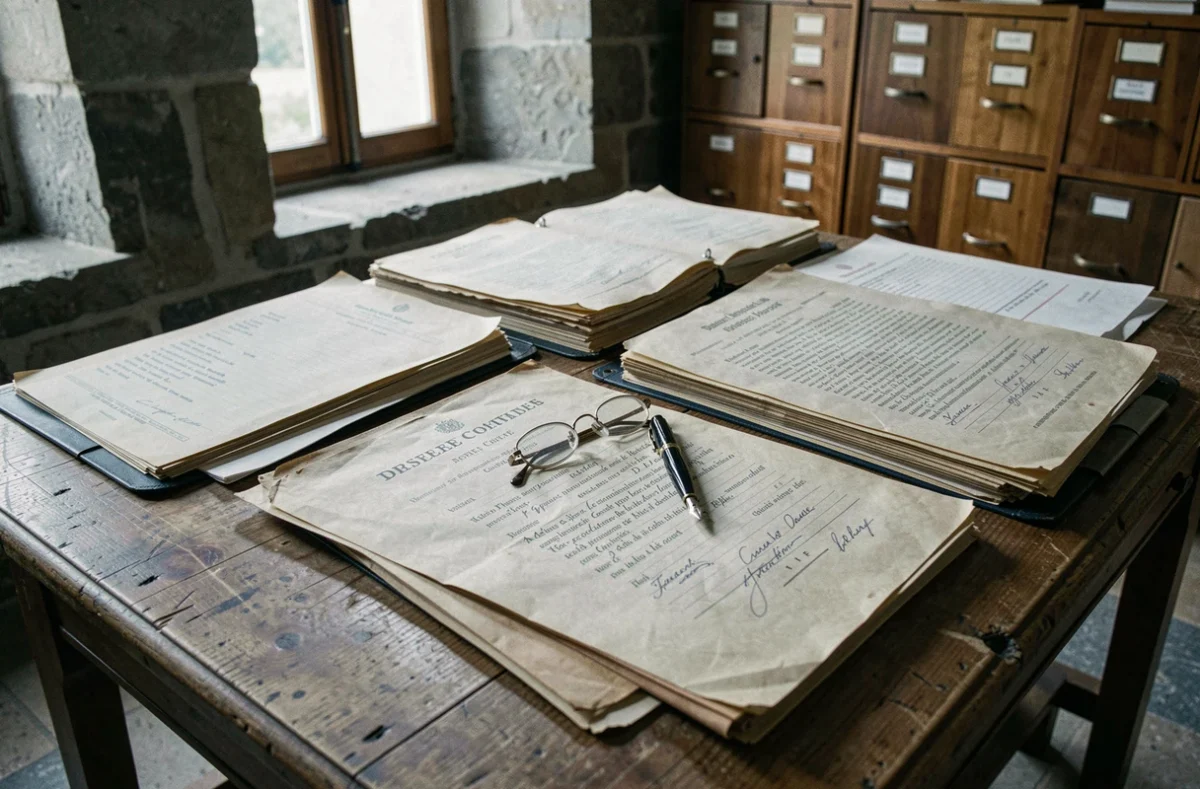 Documents d'archives publiques français ouverts sur une table en bois dans une salle de recherche