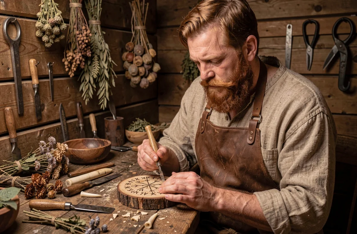 Artisan viking barbu sculptant des runes vikings sur une amulette en bois dans un atelier traditionnel nordique