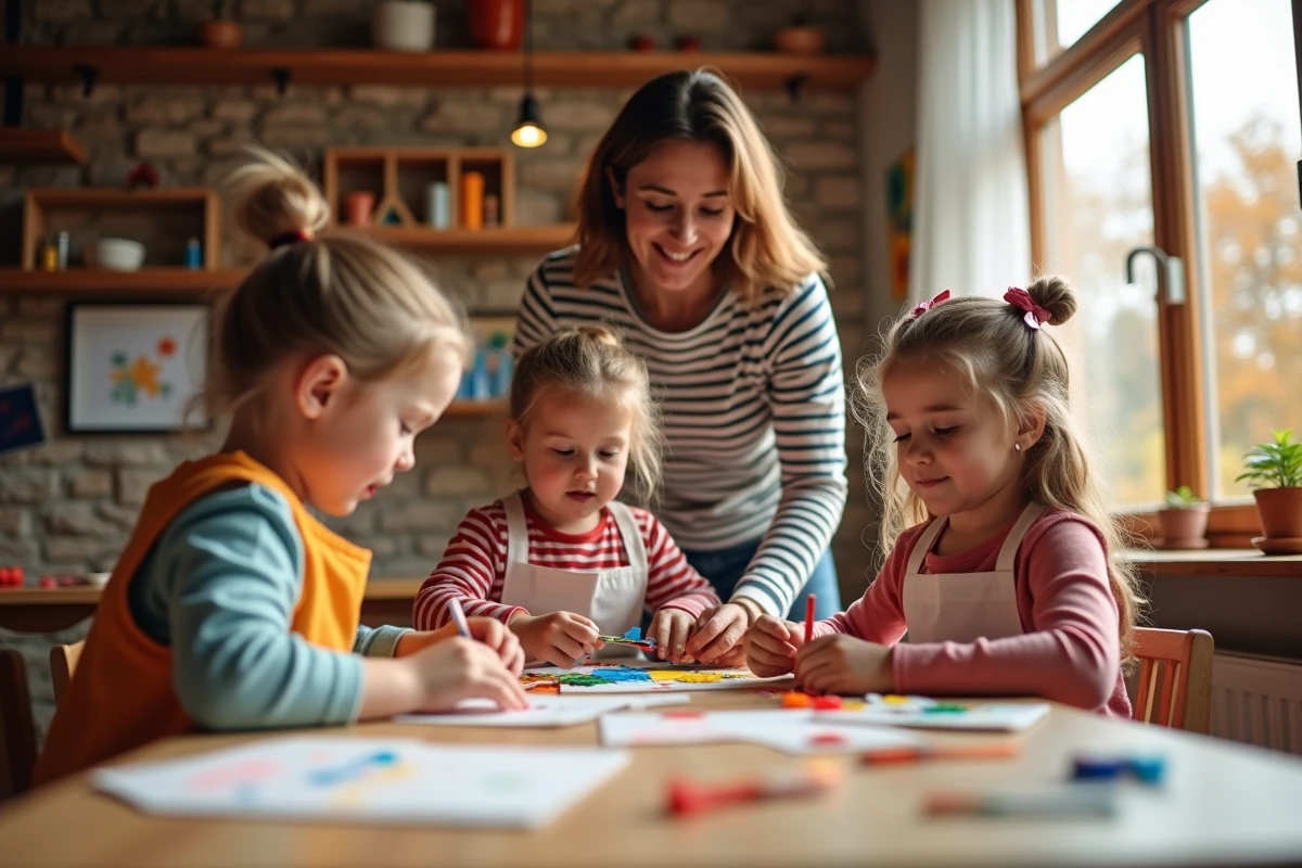 Enfants participant à un atelier créatif encadré pendant les vacances scolaires d'octobre dans un centre de loisirs