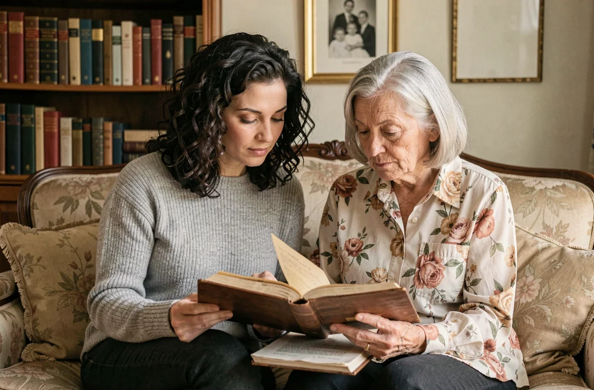 Deux femmes de générations différentes explorent ensemble un livre de généalogie et des documents familiaux anciens dans un intérieur français chaleureux