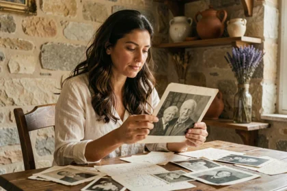 Femme tenant une ancienne photo de famille dans une maison de campagne française, explorant ses origines et son histoire familiale