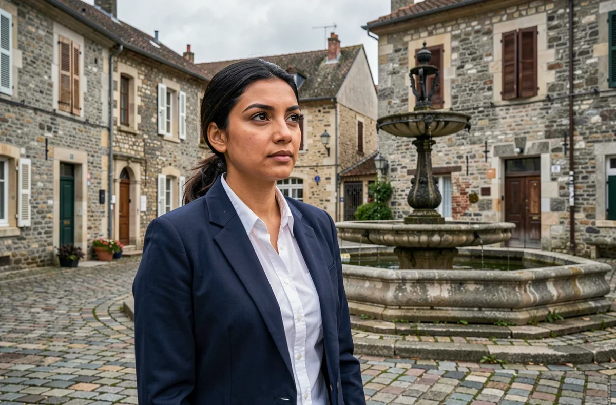 Femme debout dans un village français traditionnel, symbole de l'exploration de ses racines et de son identité régionale
