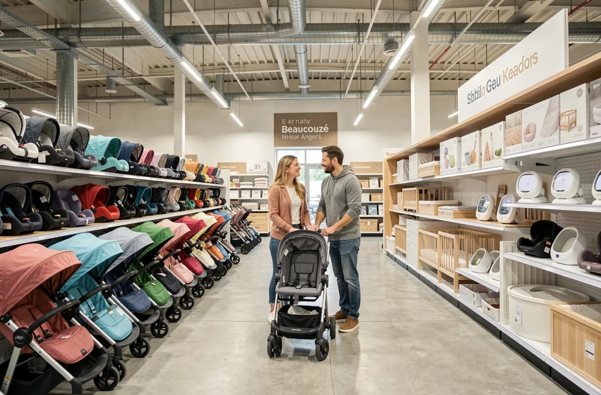 Intérieur du magasin Autour de Bébé Beaucouzé près d'Angers avec rayons de poussettes et équipements modernes pour bébé