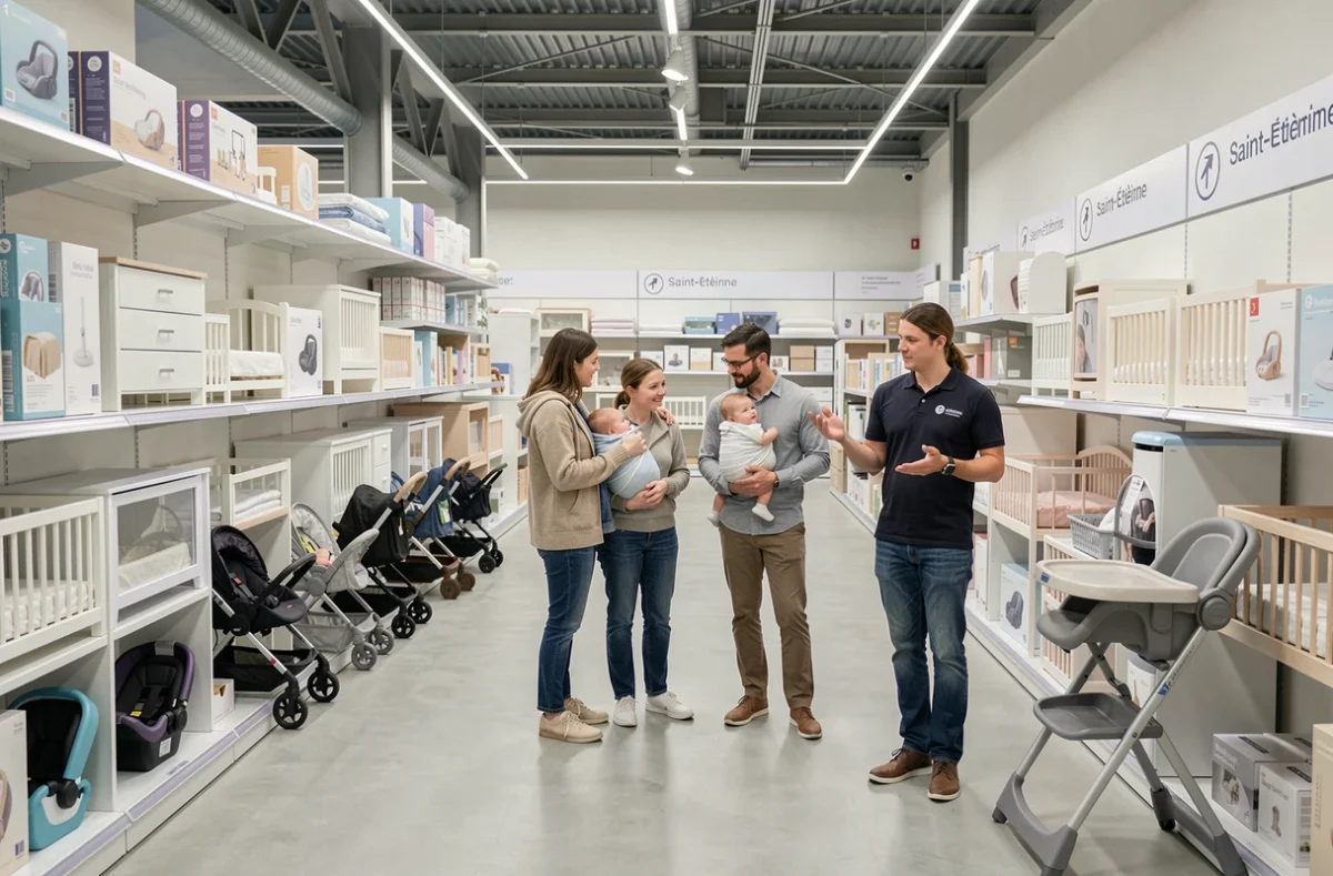 Intérieur du magasin Autour de Bébé Saint-Étienne avec une famille et un conseiller devant les rayons de puériculture moderne