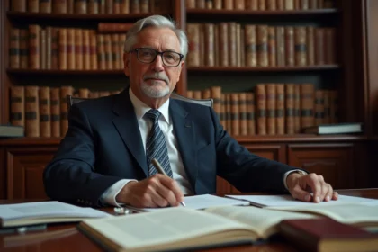 Portrait d'un avocat franco-israélien distingué aux cheveux argentés dans son cabinet juridique parisien entouré de livres de droit
