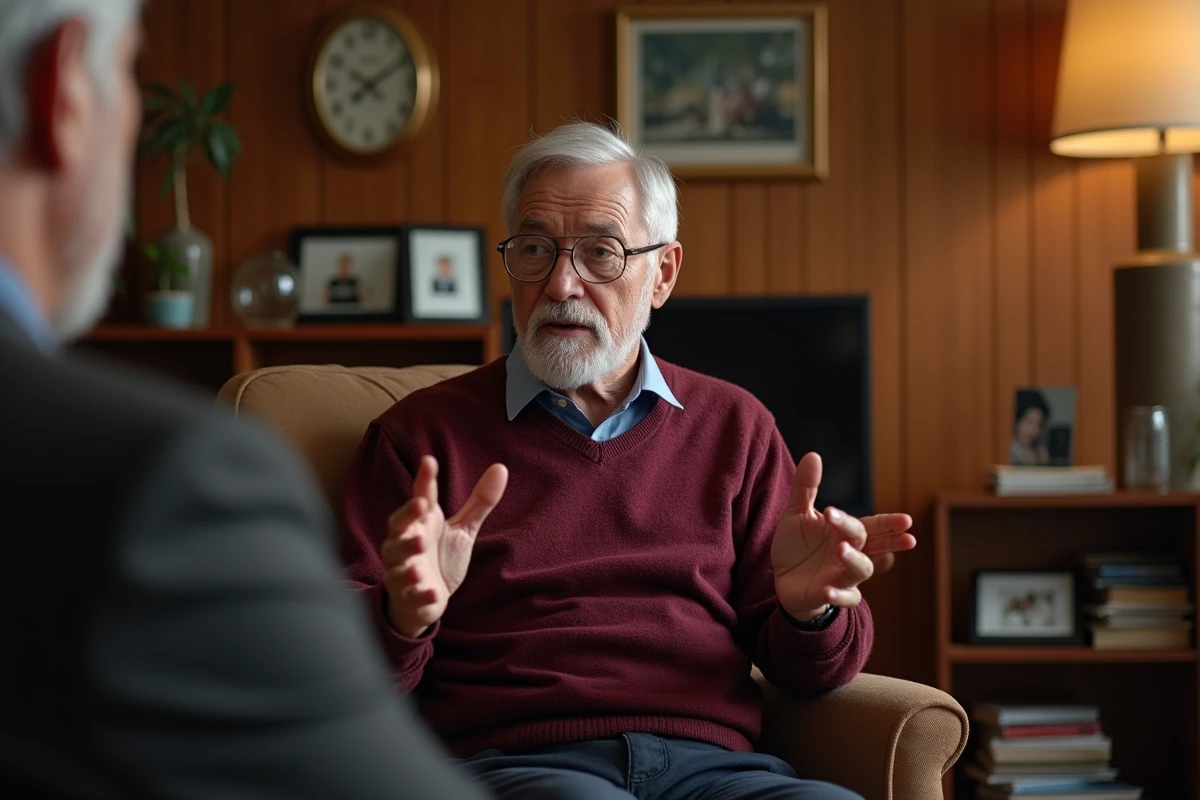 Portrait intime d'un avocat médiatique en pull bordeaux dans un salon privé partageant des souvenirs personnels lors d'une interview