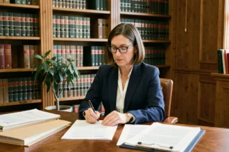 Avocate en droit de la famille examinant des documents juridiques dans un cabinet professionnel pour une affaire de garde d'enfant