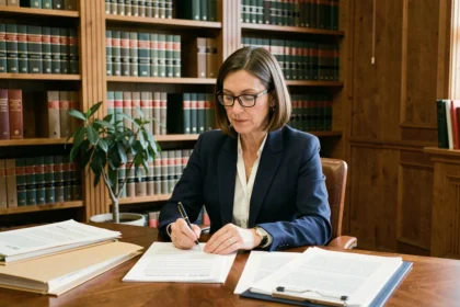 Avocate en droit de la famille examinant des documents juridiques dans un cabinet professionnel pour une affaire de garde d'enfant