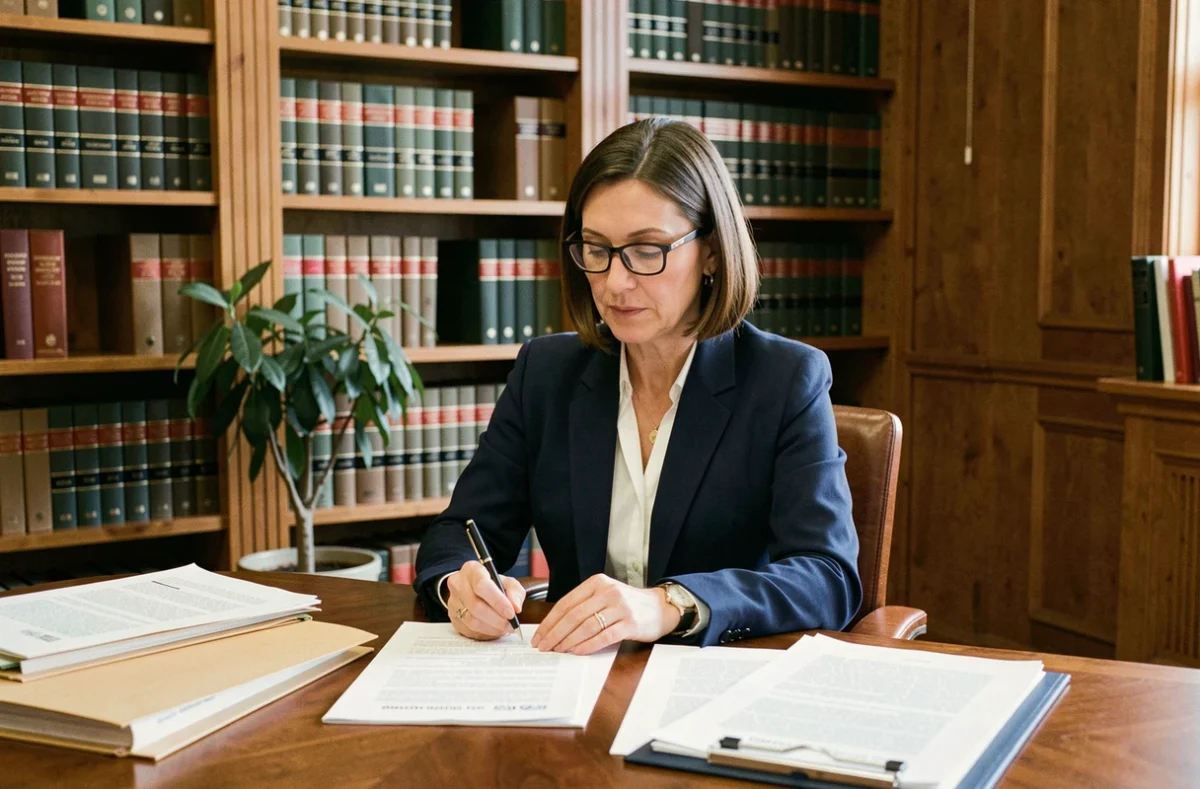 Avocate en droit de la famille examinant des documents juridiques dans un cabinet professionnel pour une affaire de garde d'enfant