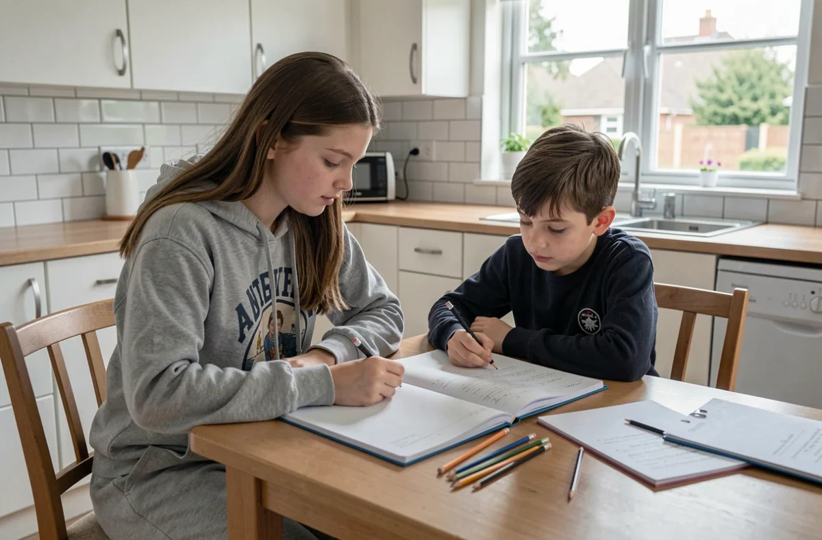 Baby-sitter adolescente aidant un enfant à faire ses devoirs à la table de la cuisine