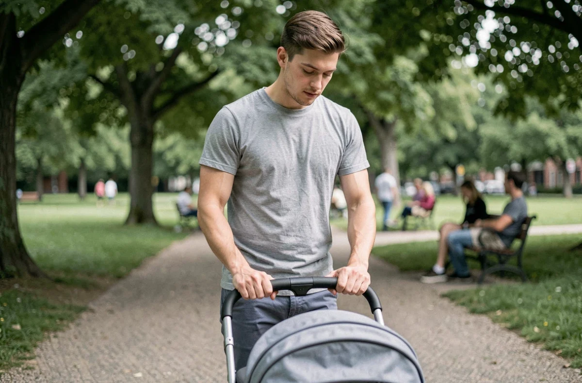Jeune homme baby-sitter promenant un enfant en poussette dans un parc urbain