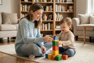Jeune baby-sitter jouant avec un enfant en bas âge sur le sol d'un salon familial confortable