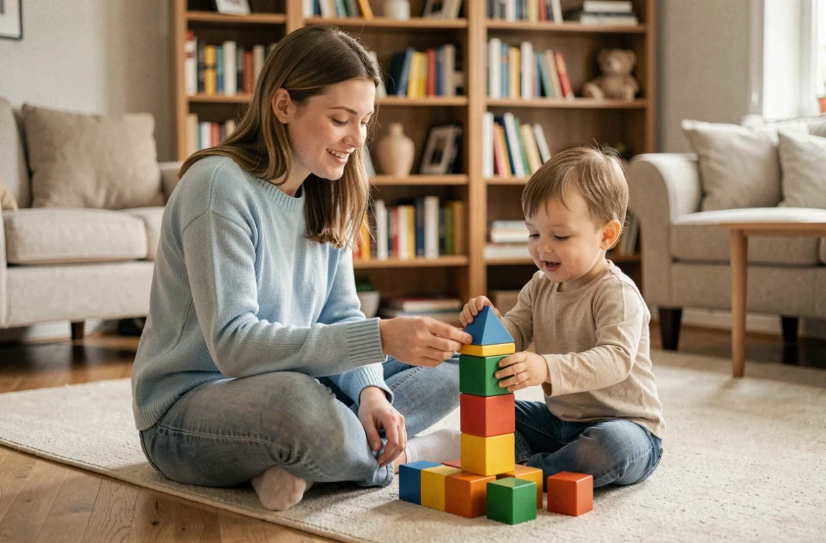 Jeune baby-sitter jouant avec un enfant en bas âge sur le sol d'un salon familial confortable
