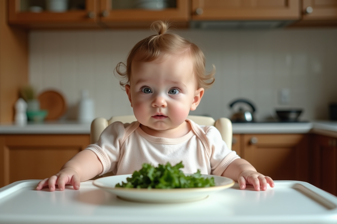 Bebe curieux en poussette regardant des légumes verts