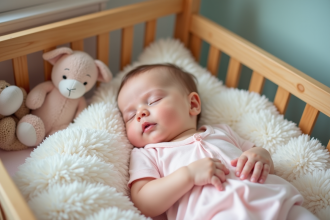 Bébé fille endormie dans un berceau en bois pastel