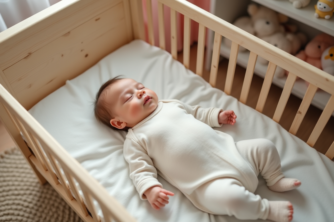 Bébé endormi paisiblement dans un lit en bois dans une chambre douce