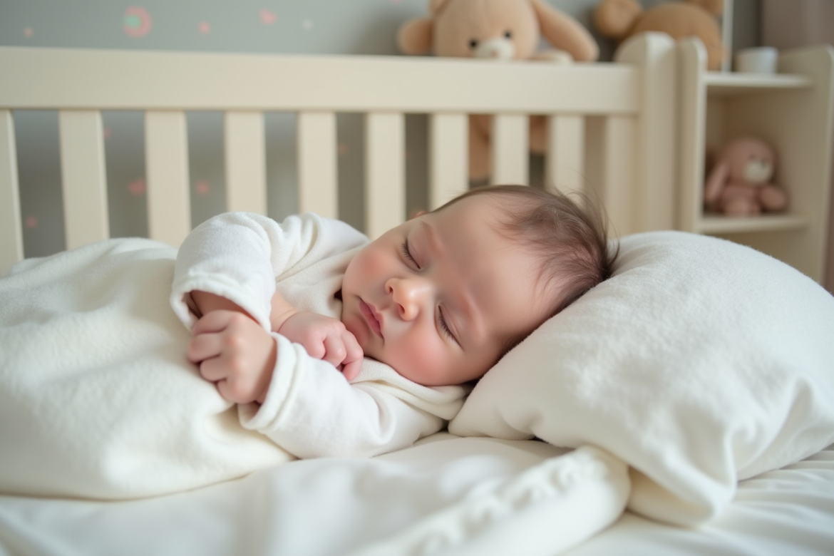 Bébé endormi dans un sac de couchage blanc dans la nurserie