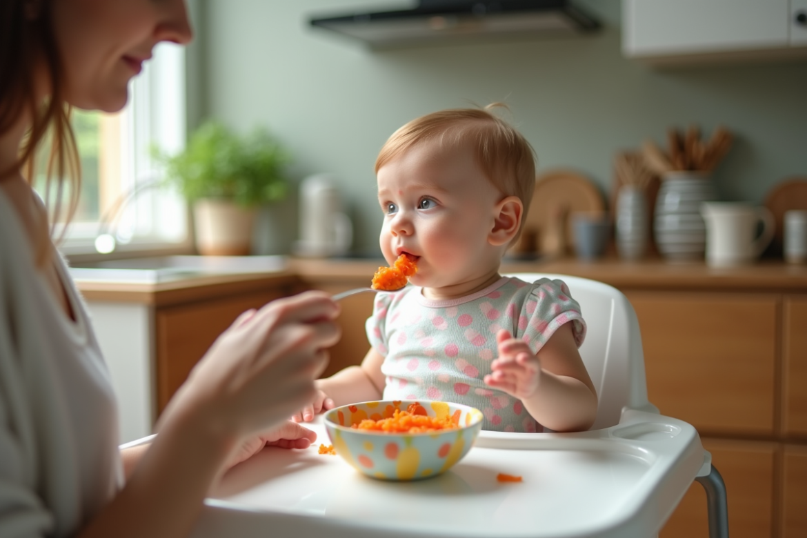 Bébé fille de 5 mois dans une chaise haute en train de manger des carottes