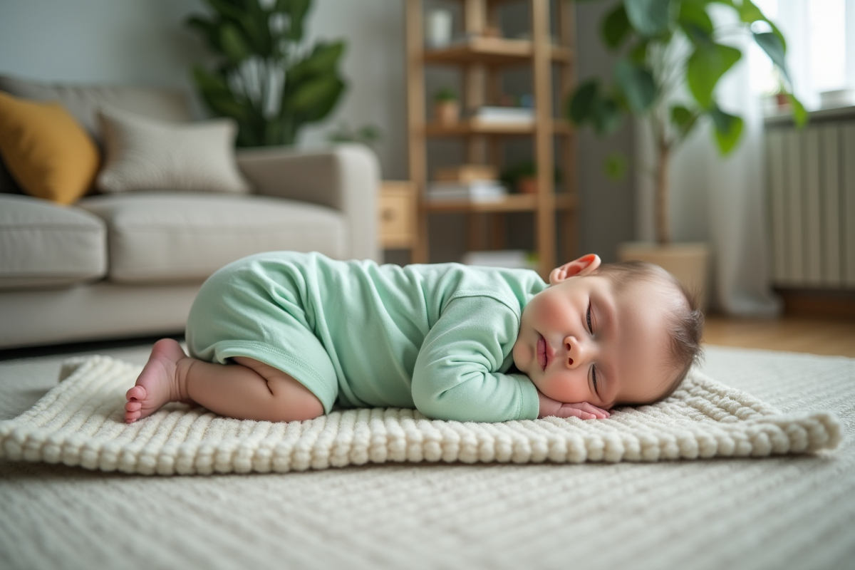 Bebe garcon de 8 mois dormant sur un tapis de jeu moderne