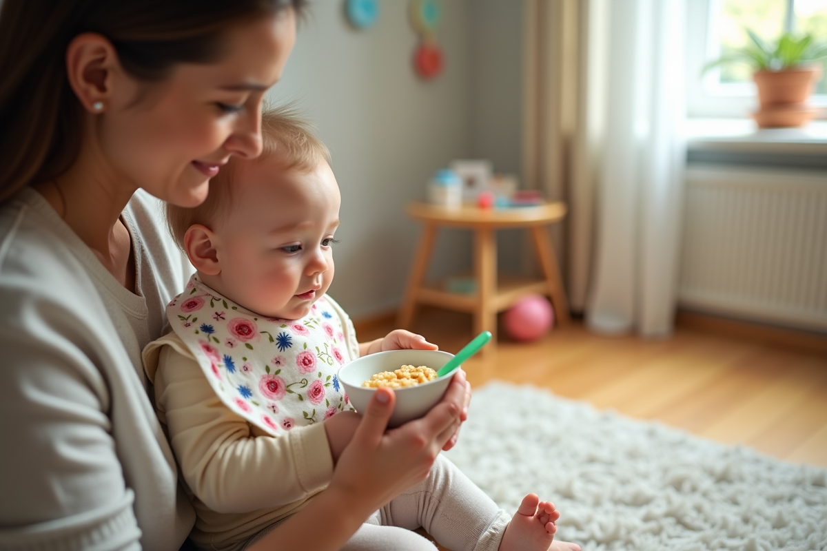 Bébé fille regardant une cuillère de cereales dans un salon lumineux