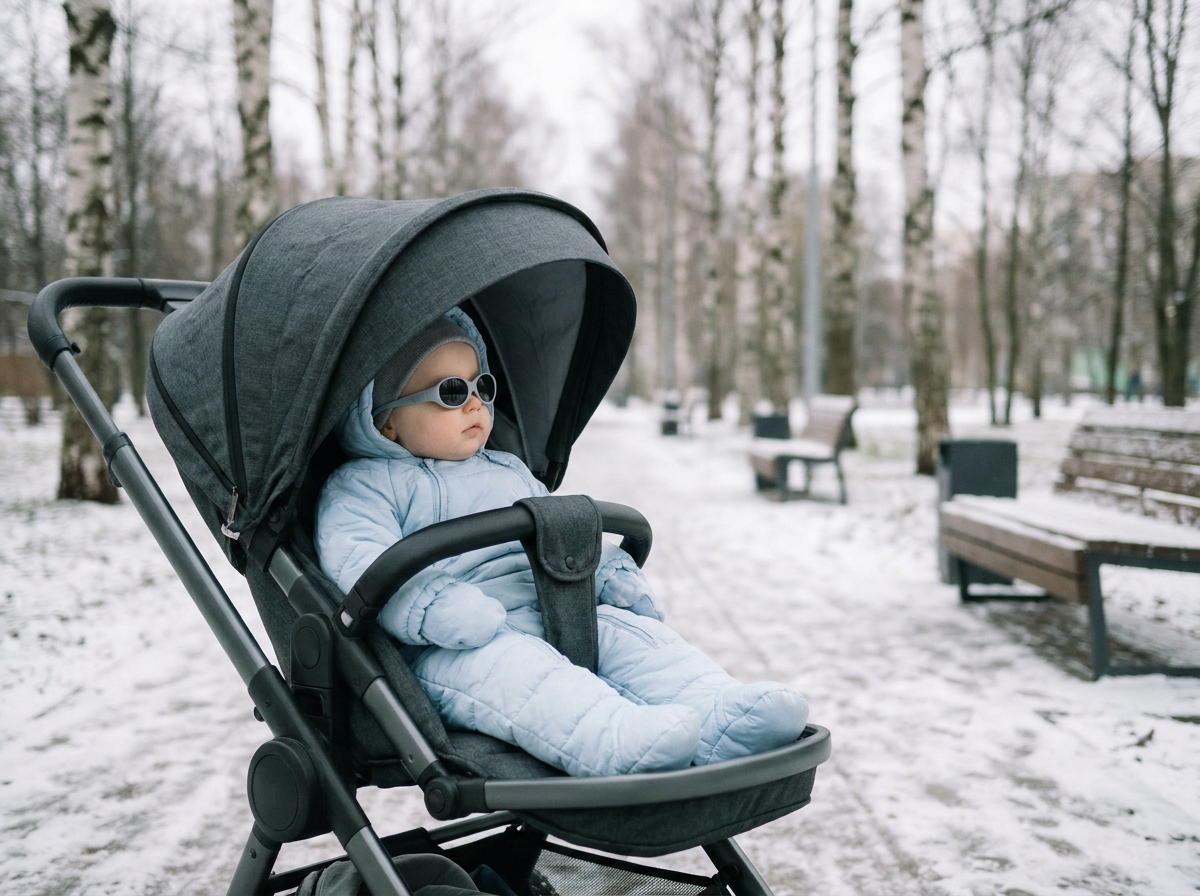 Bébé en poussette tout-terrain portant des lunettes de soleil UV pour nourrisson lors d'une balade hivernale dans un parc enneigé