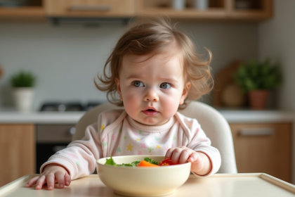 Bébé de quatre mois dans une chaise haute regardant des légumes