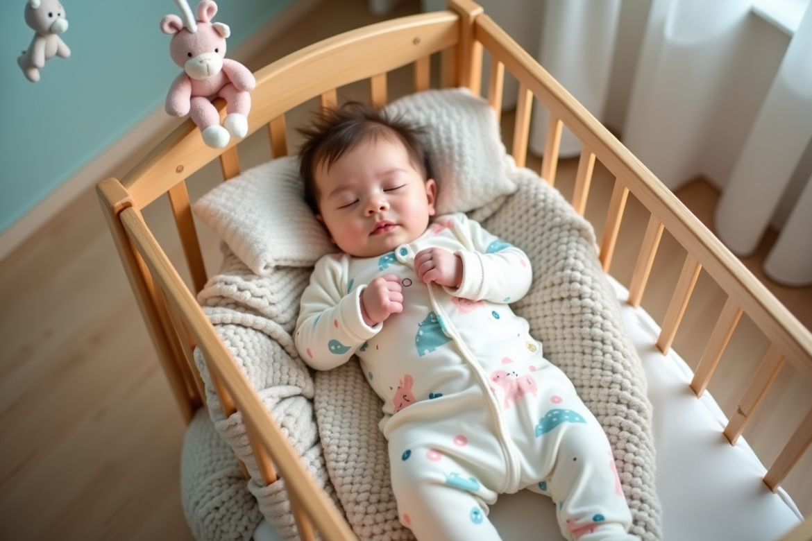 Bebe fille dormant paisiblement dans un lit en bois avec un sac de couchage