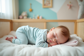 Bebe fille de 6 mois dormant paisiblement dans un berceau en bois