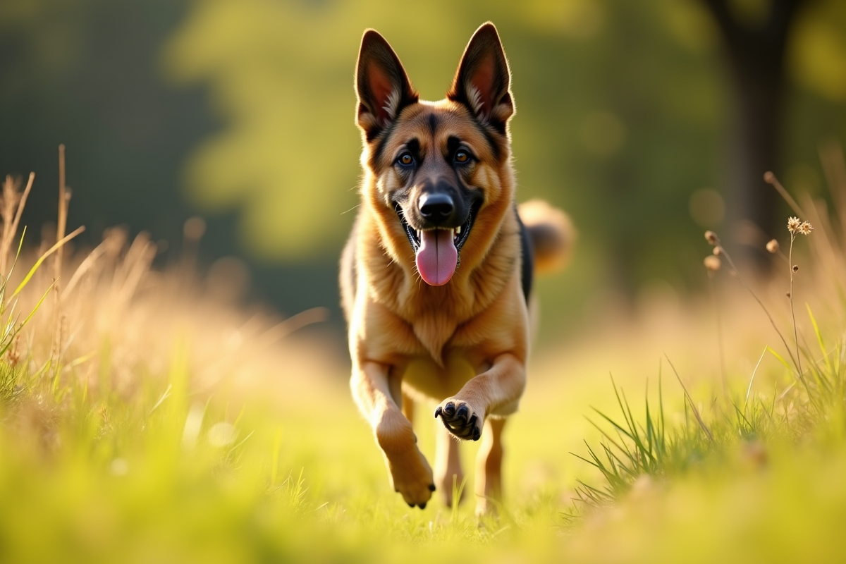 Chien berger allemand courant dans un champ ensoleille