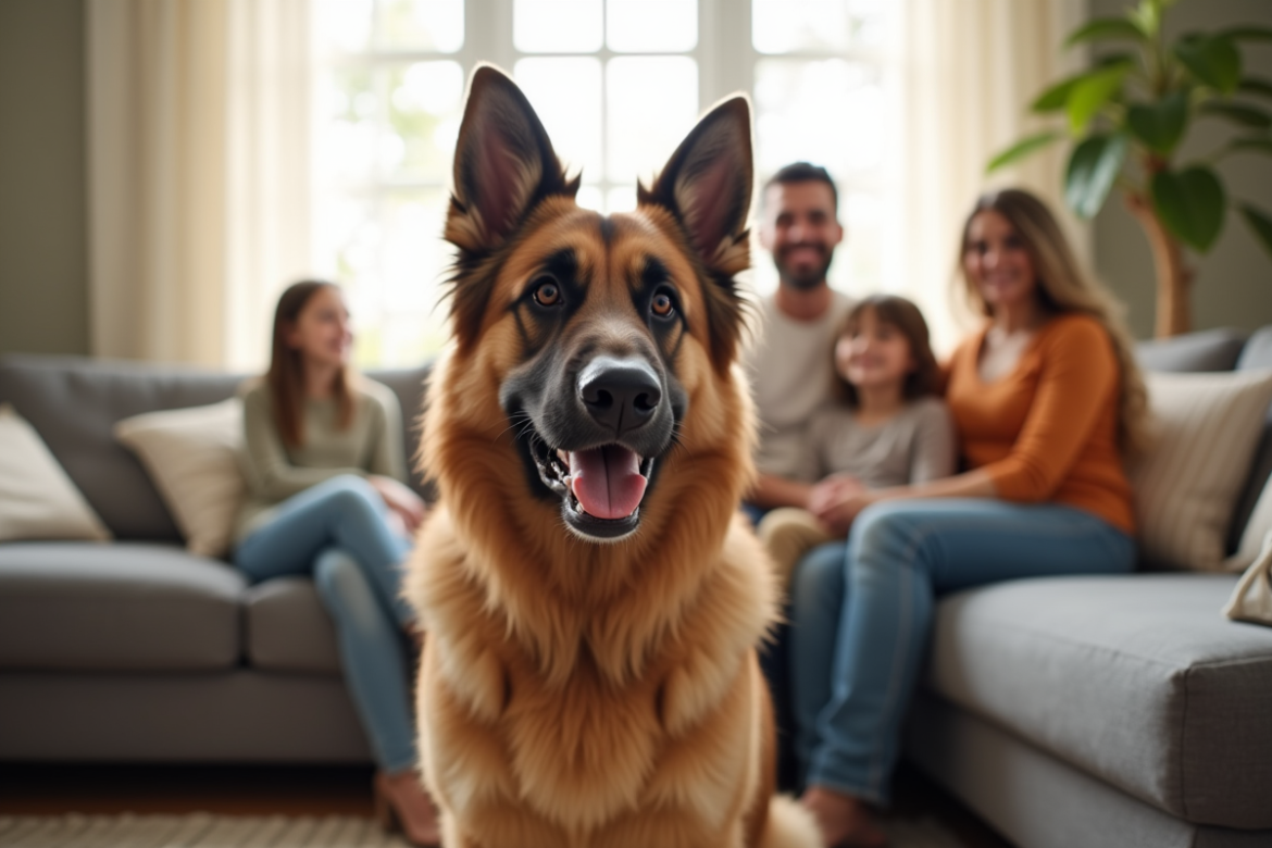 Chien berger allemand assis près d'une famille dans un salon lumineux