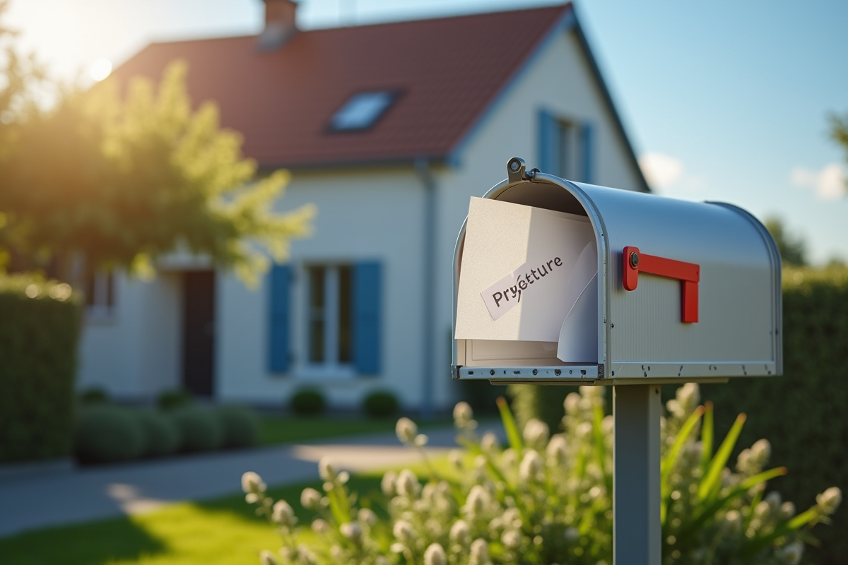 Boîte aux lettres devant une maison avec lettre Préfecture visible