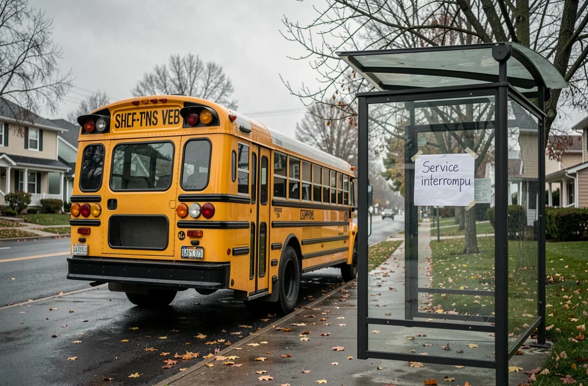 Bus scolaire vide arrêté à un arrêt de bus en raison d'une grève des transports scolaires