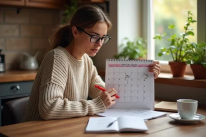 Femme marquant les vacances scolaires 2026 et jours fériés sur un calendrier papier dans une cuisine
