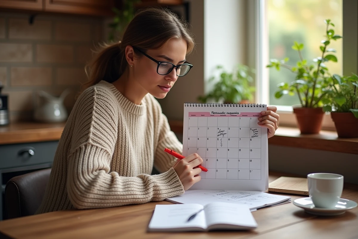 Femme marquant les vacances scolaires 2026 et jours fériés sur un calendrier papier dans une cuisine