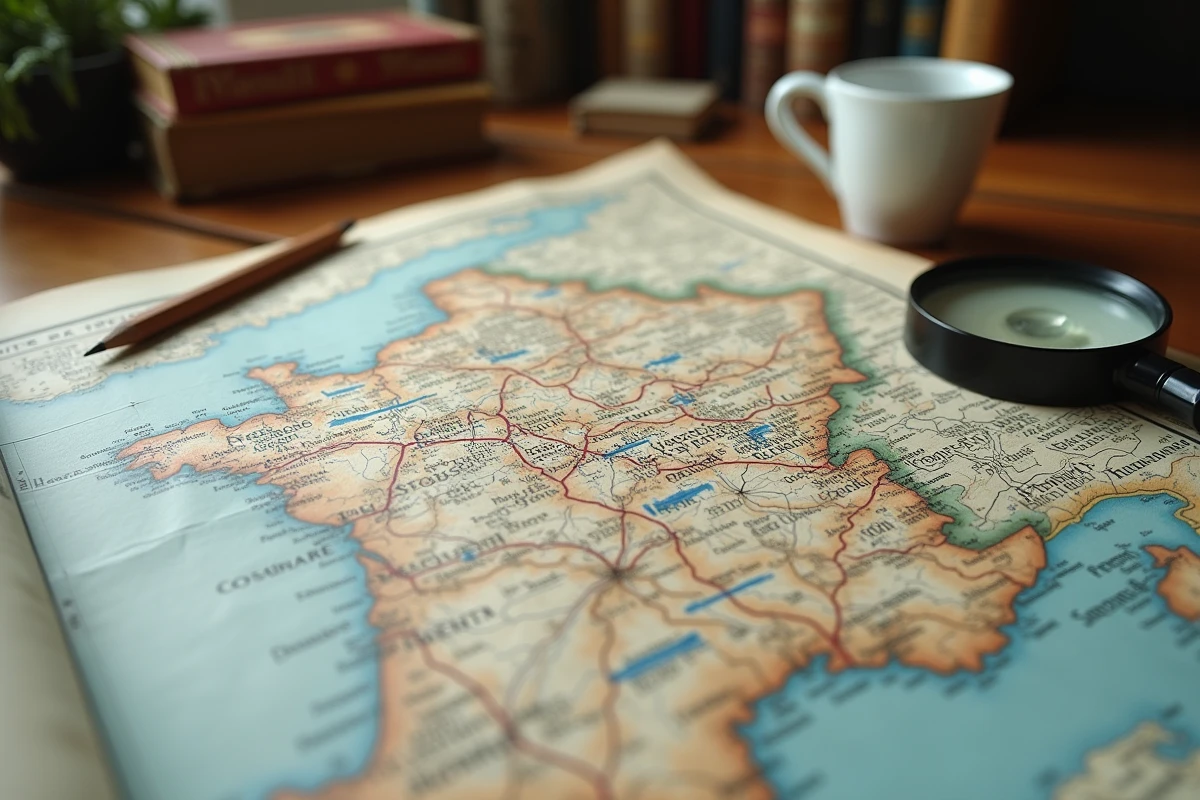 Carte topographique ancienne avec noms de communes corrigés à la main sur un bureau en bois