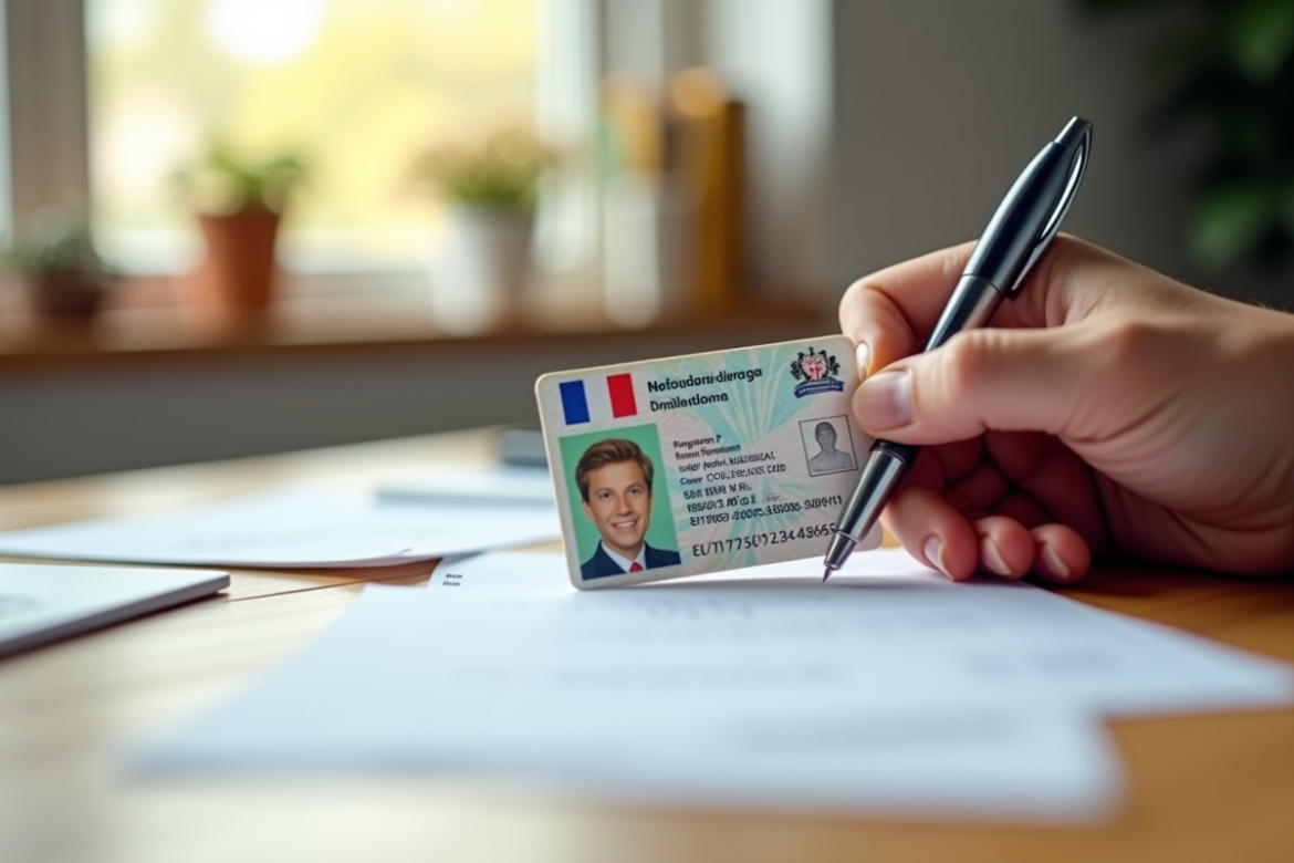 Carte d'identité française sur une table avec une main qui écrit