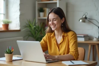 Jeune femme souriante envoyant une carte virtuelle de bonne rentrée depuis son bureau à domicile