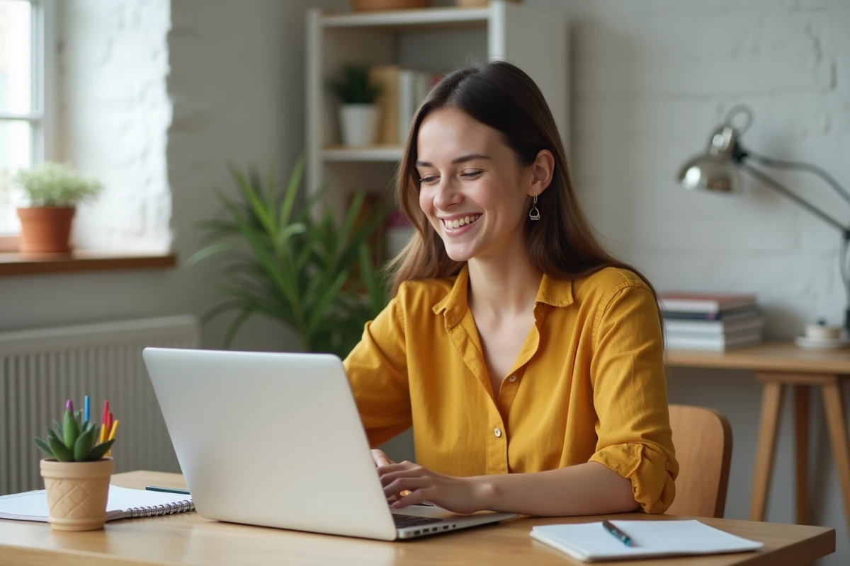 Jeune femme souriante envoyant une carte virtuelle de bonne rentrée depuis son bureau à domicile