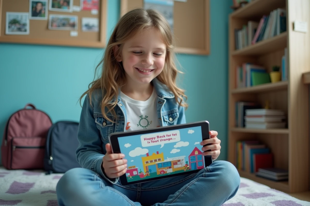 Adolescente recevant une carte virtuelle de bonne rentrée sur sa tablette dans sa chambre
