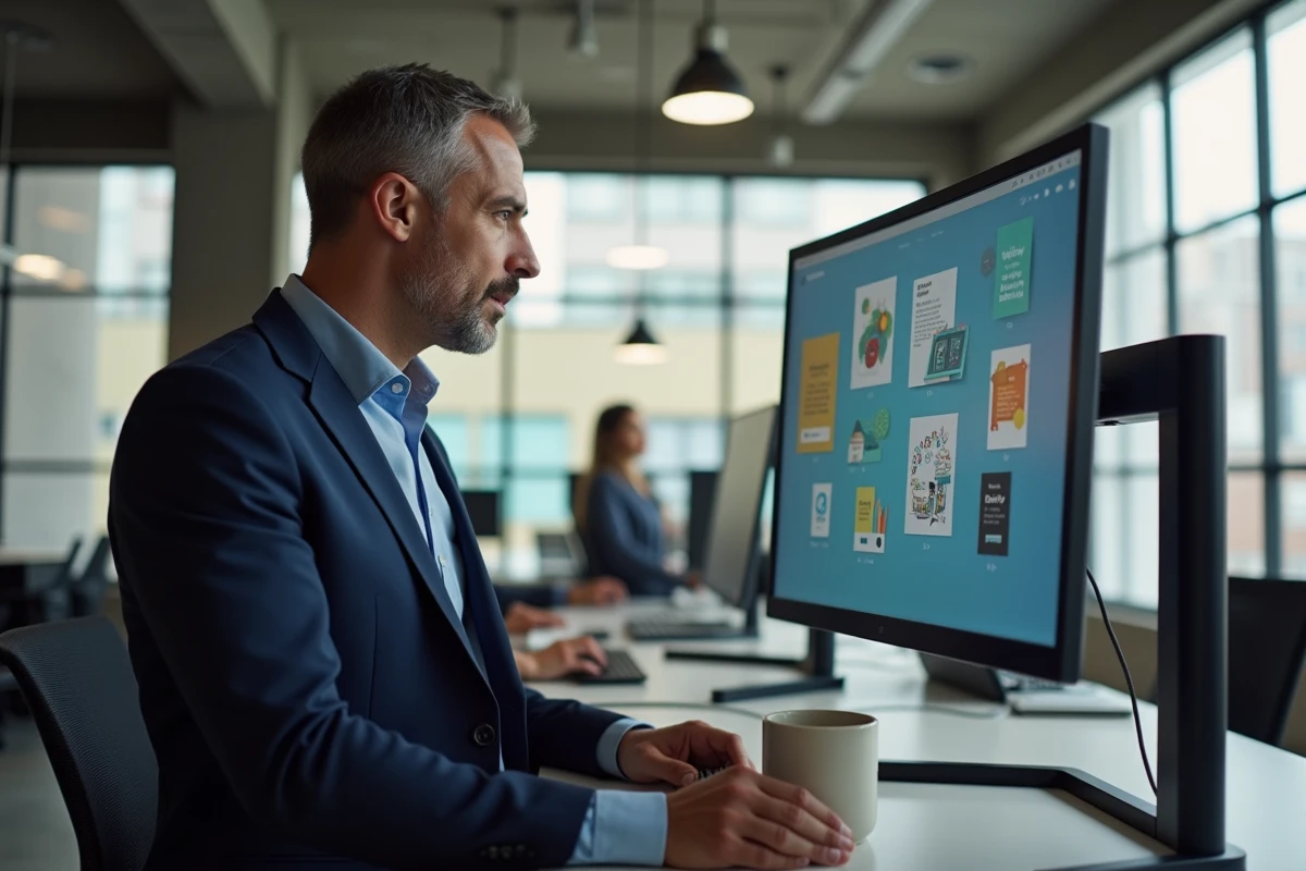 Homme professionnel sélectionnant un modèle de carte virtuelle bonne rentrée dans un bureau moderne
