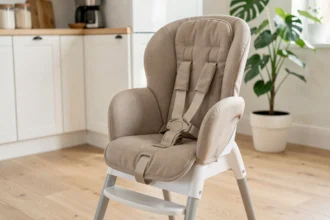 Chaise haute Polly Magic Relax Chicco en position inclinée dans une cuisine moderne au style scandinave