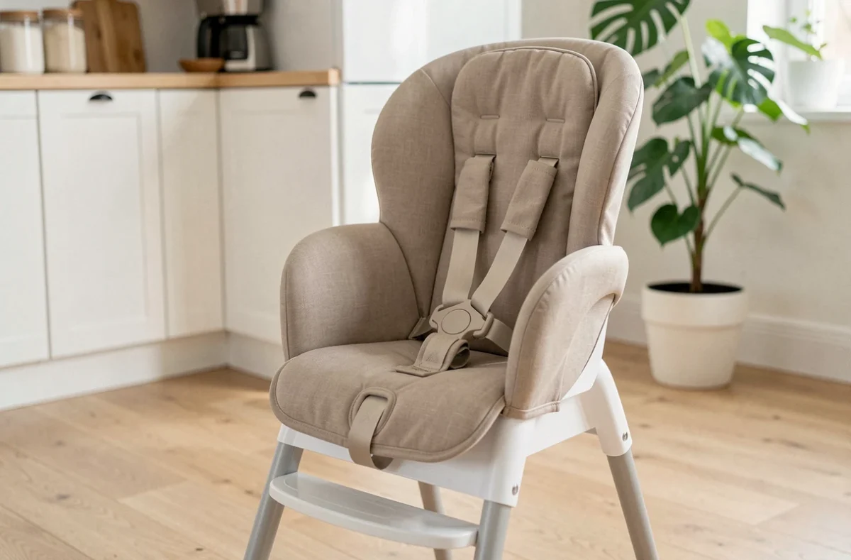 Chaise haute Polly Magic Relax Chicco en position inclinée dans une cuisine moderne au style scandinave