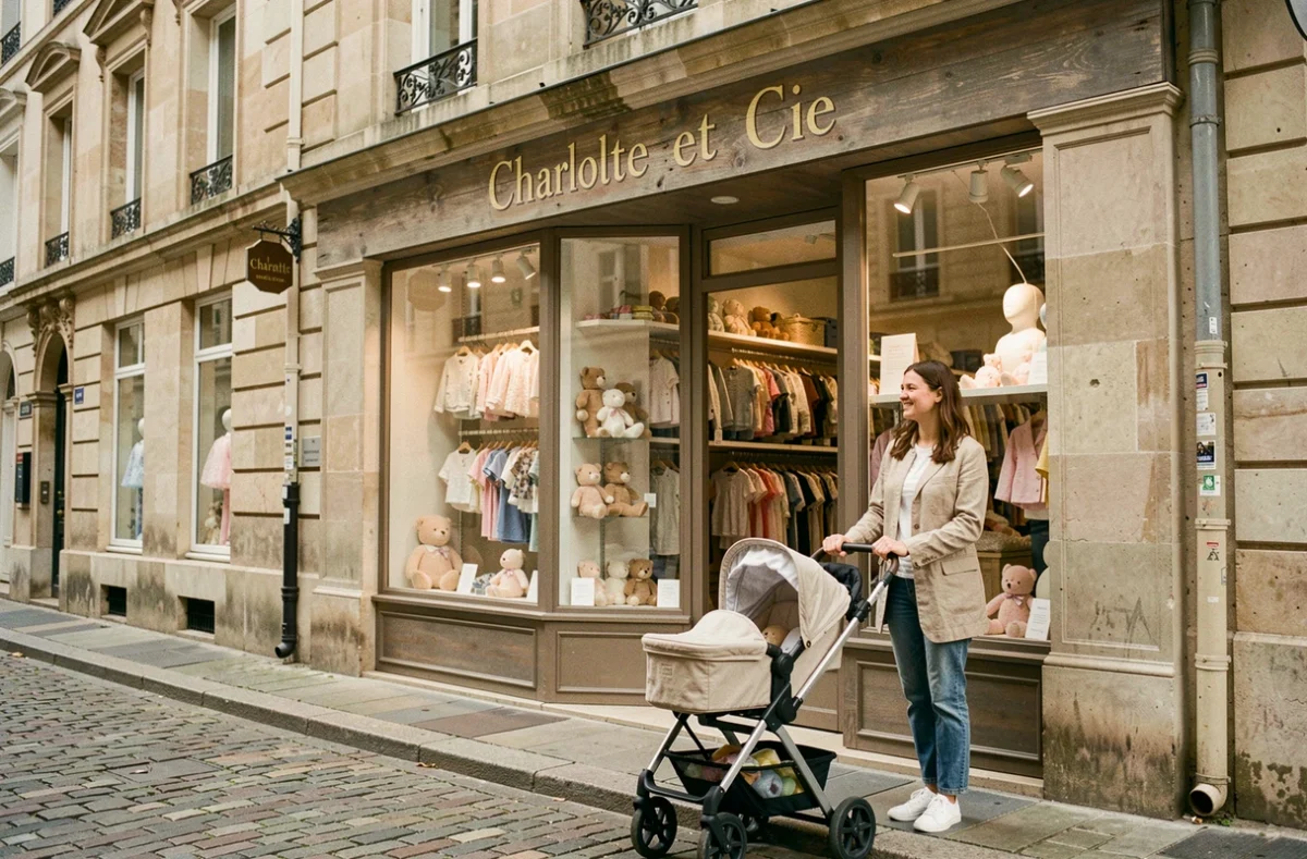 Devanture du magasin Charlotte et Cie aux Hauts-Pavés à Nantes avec une mère et une poussette