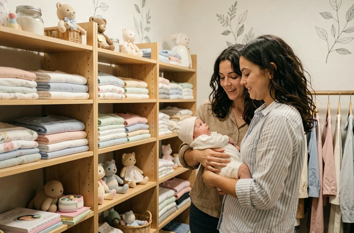 Intérieur de la boutique Charlotte et Cie Viarme à Nantes avec des vêtements bébé biologiques et une vendeuse attentionnée