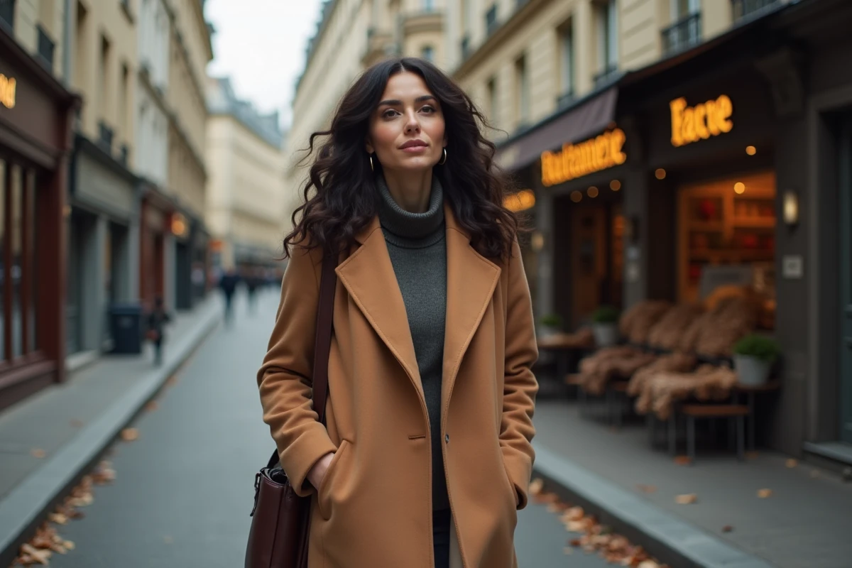 Femme marchant dans une rue parisienne en automne, manteau camel et sac en cuir, ambiance éditoriale et vie quotidienne